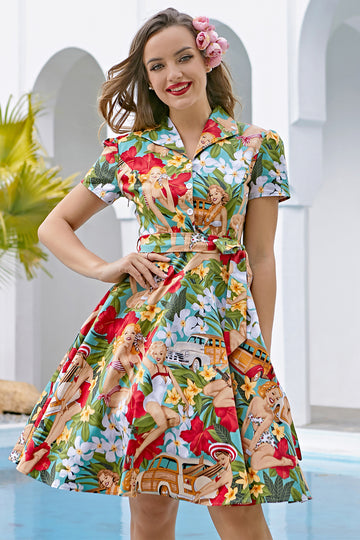 Vintage Print 1950s Swing Dress